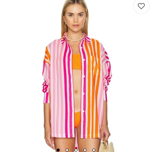 Beach Riot Striped Pink‎ & Orange Button-Up Shirt 100% Cotton Size Women's PL - Picture 1 of 3